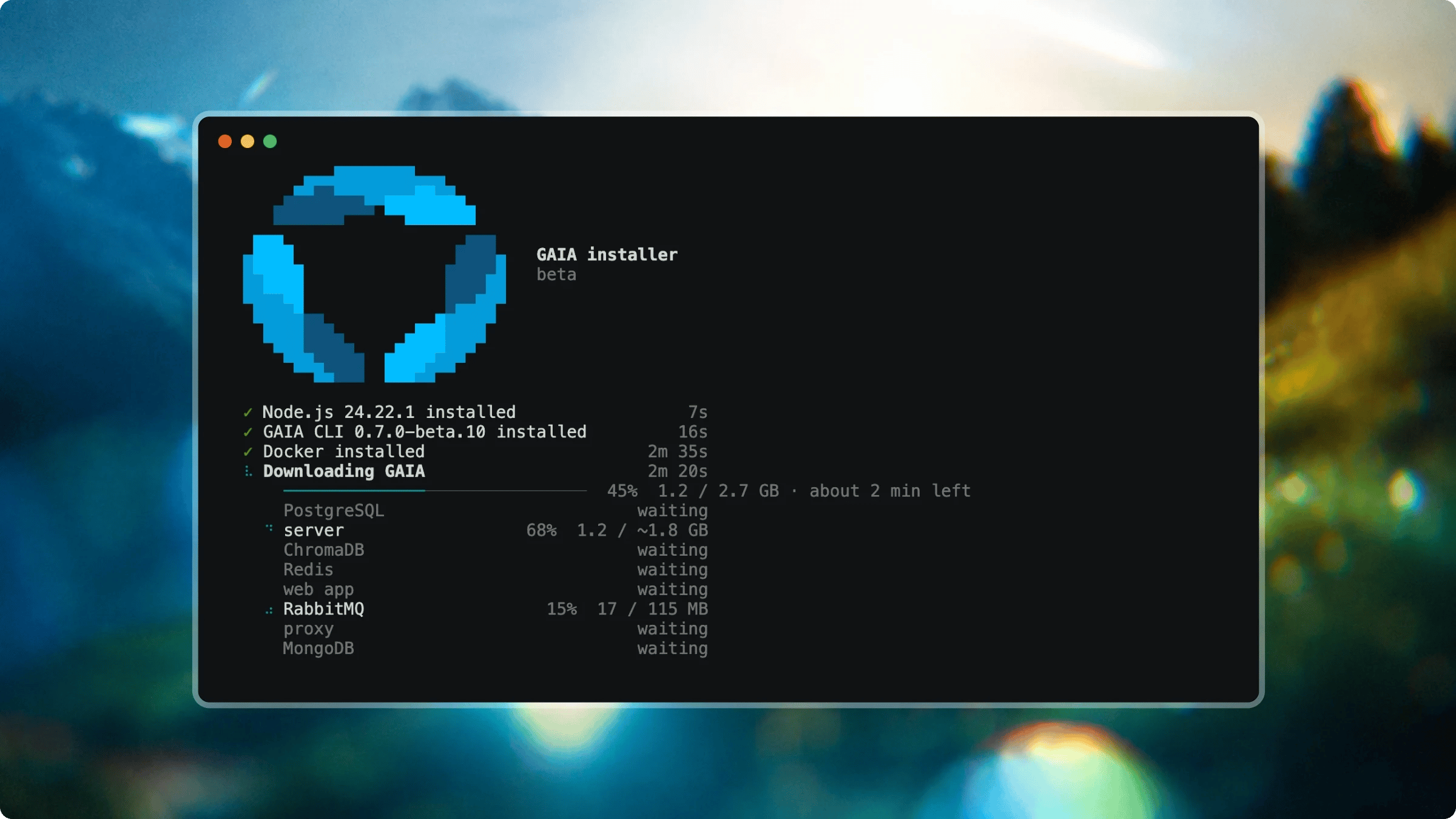 The GAIA installer: Node.js, the GAIA CLI and Docker installed, then GAIA downloading with a progress bar and a row per service
